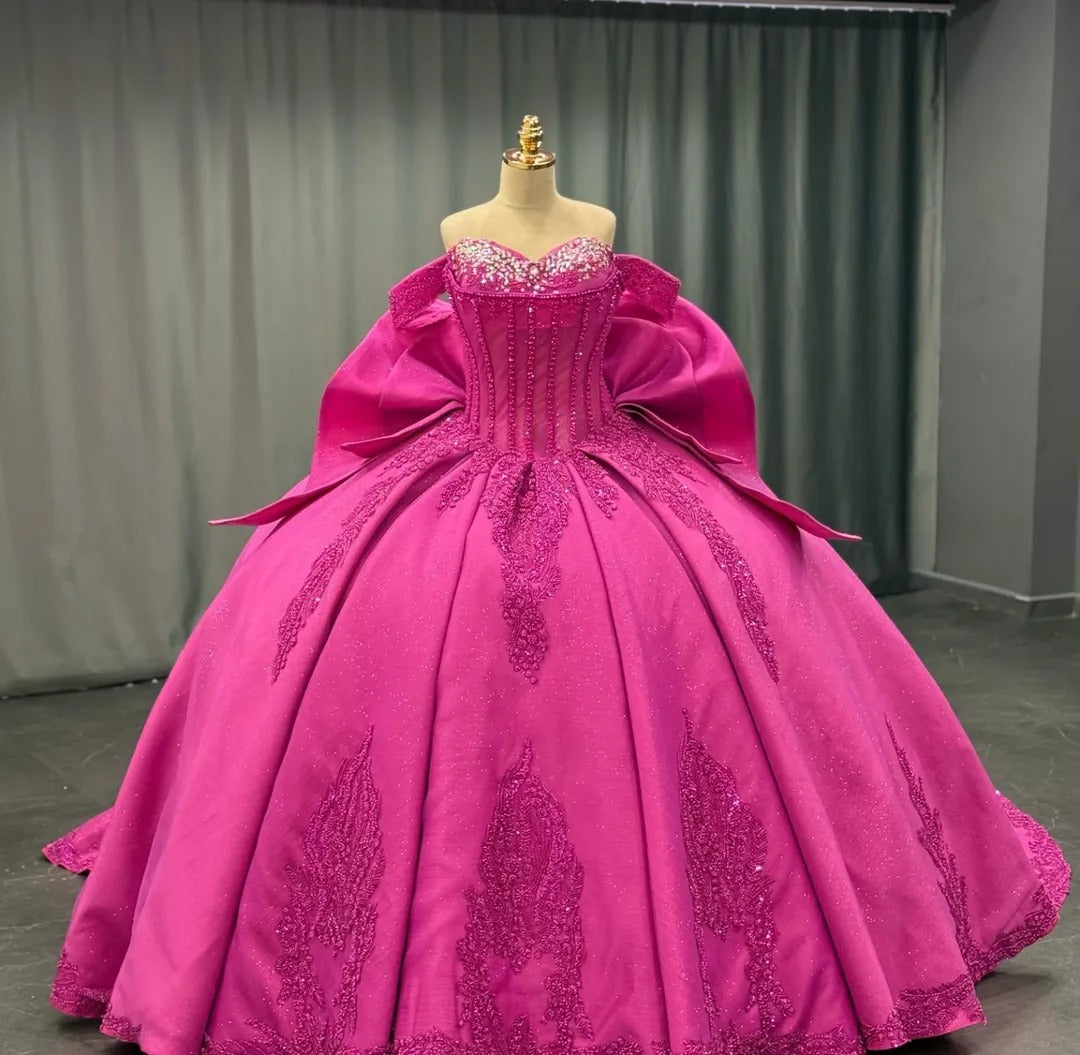 Hermosos vestidos de quinceañera estilo princesa fucsia con escote corazón, encaje y cuentas, vestidos de fiesta HE426