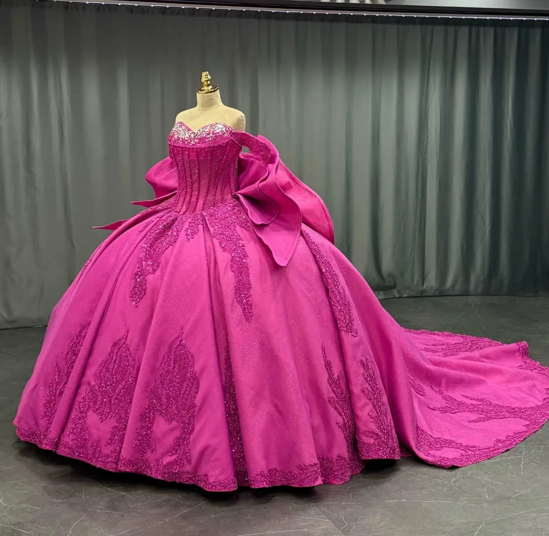 Hermosos vestidos de quinceañera estilo princesa fucsia con escote corazón, encaje y cuentas, vestidos de fiesta HE426