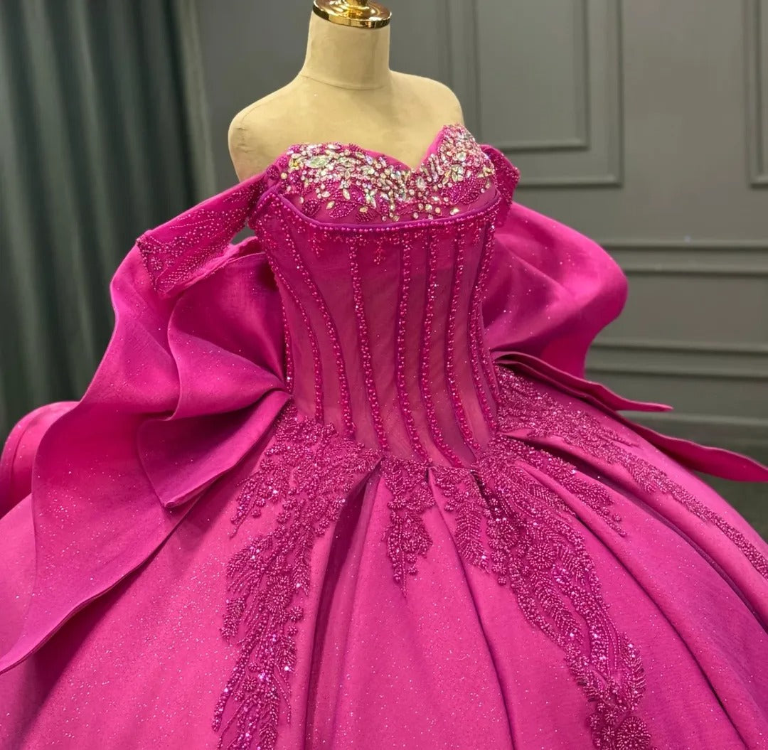 Hermosos vestidos de quinceañera estilo princesa fucsia con escote corazón, encaje y cuentas, vestidos de fiesta HE426