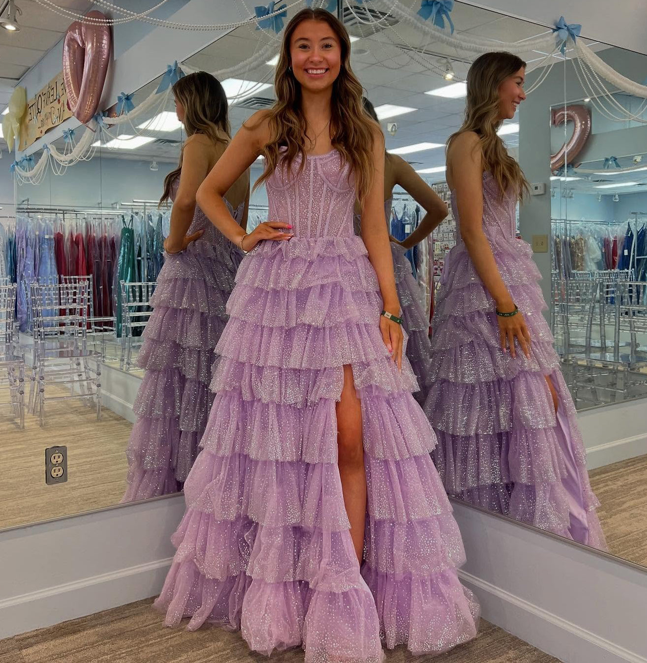 Elegant Glittery Tulle Prom Dresses Sweetheart A Line Evening Gowns with Slit HE199