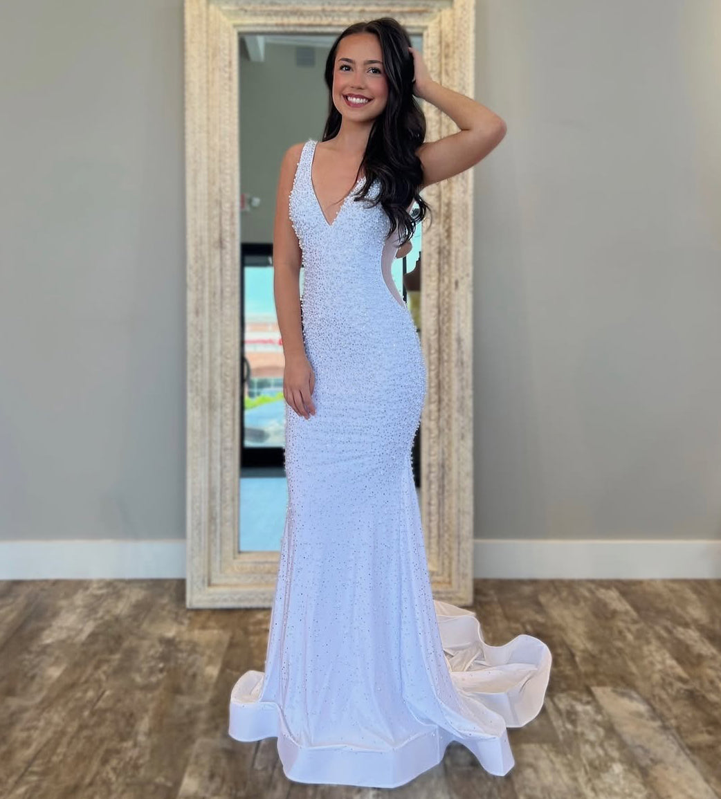 HE269 - Vestidos de fiesta largos con escote en V y lentejuelas brillantes para mujer, vestidos de noche de sirena de talla grande, vestidos de fiesta de satén con cuentas