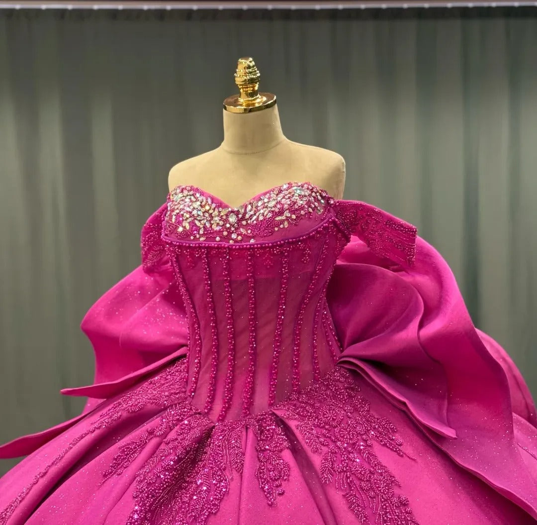 Hermosos vestidos de quinceañera estilo princesa fucsia con escote corazón, encaje y cuentas, vestidos de fiesta HE426