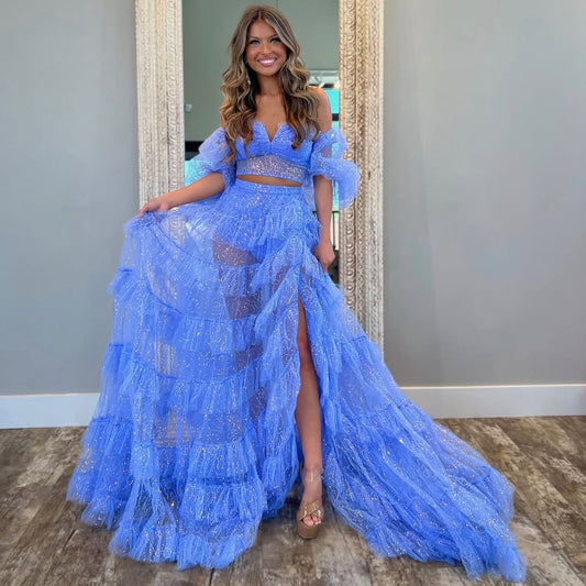 Glittery Tulle Long Prom Dresses for Women Elegant A Line Party Dresses HE198