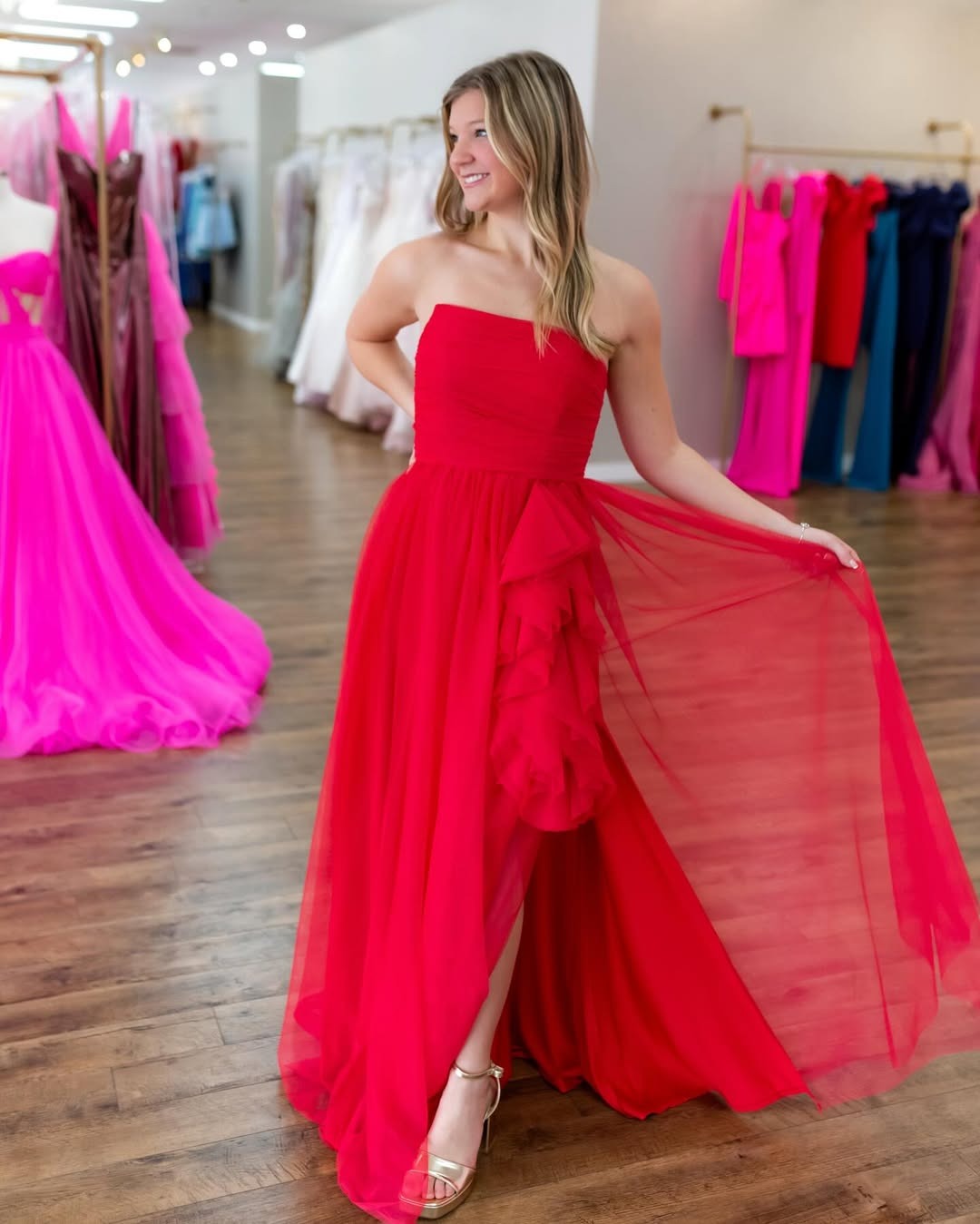 A Line Chiffon Prom Dresses Long for Women Strapless Plus Size Formal Gowns HE263