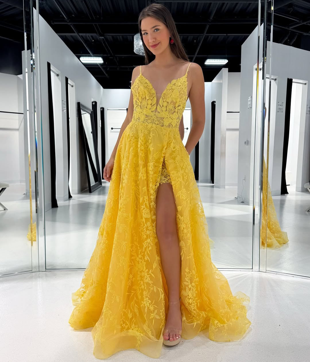 HE192-Vestidos de fiesta largos de corte A para mujer con aberturas, apliques de encaje de tul, vestidos de noche con cuello en V, vestidos de fiesta formales