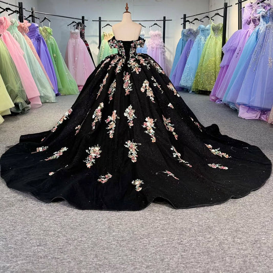 Black Quinceanera Dresses Off Shoulder Tulle Lace Appliques Sweet 16 Dresses HE279