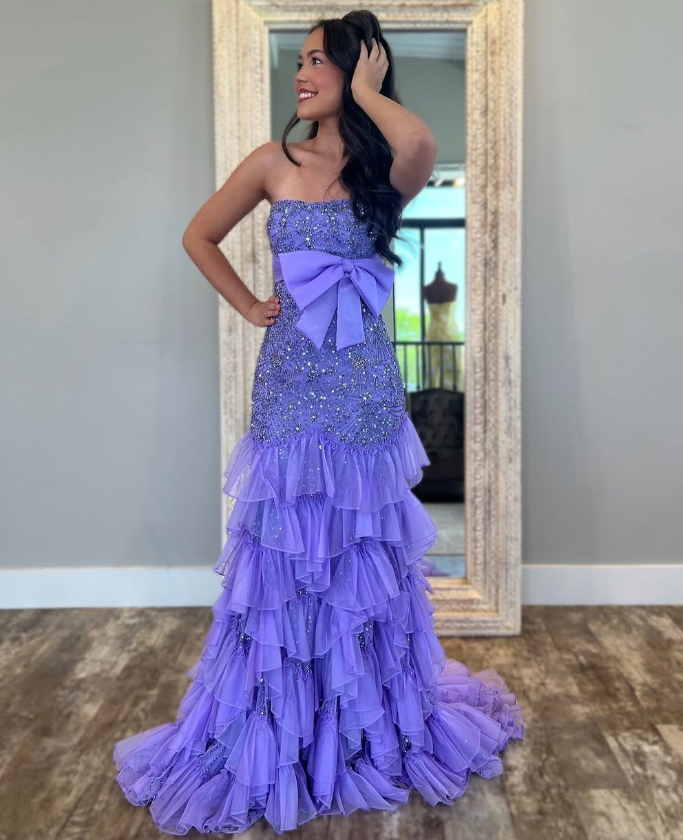 HE258-Women's Mermaid Strapless Long Prom Dresses Tulle Lace Beaded Evening Dresses Sweetheart Party Maxi Dresses with Ruffles