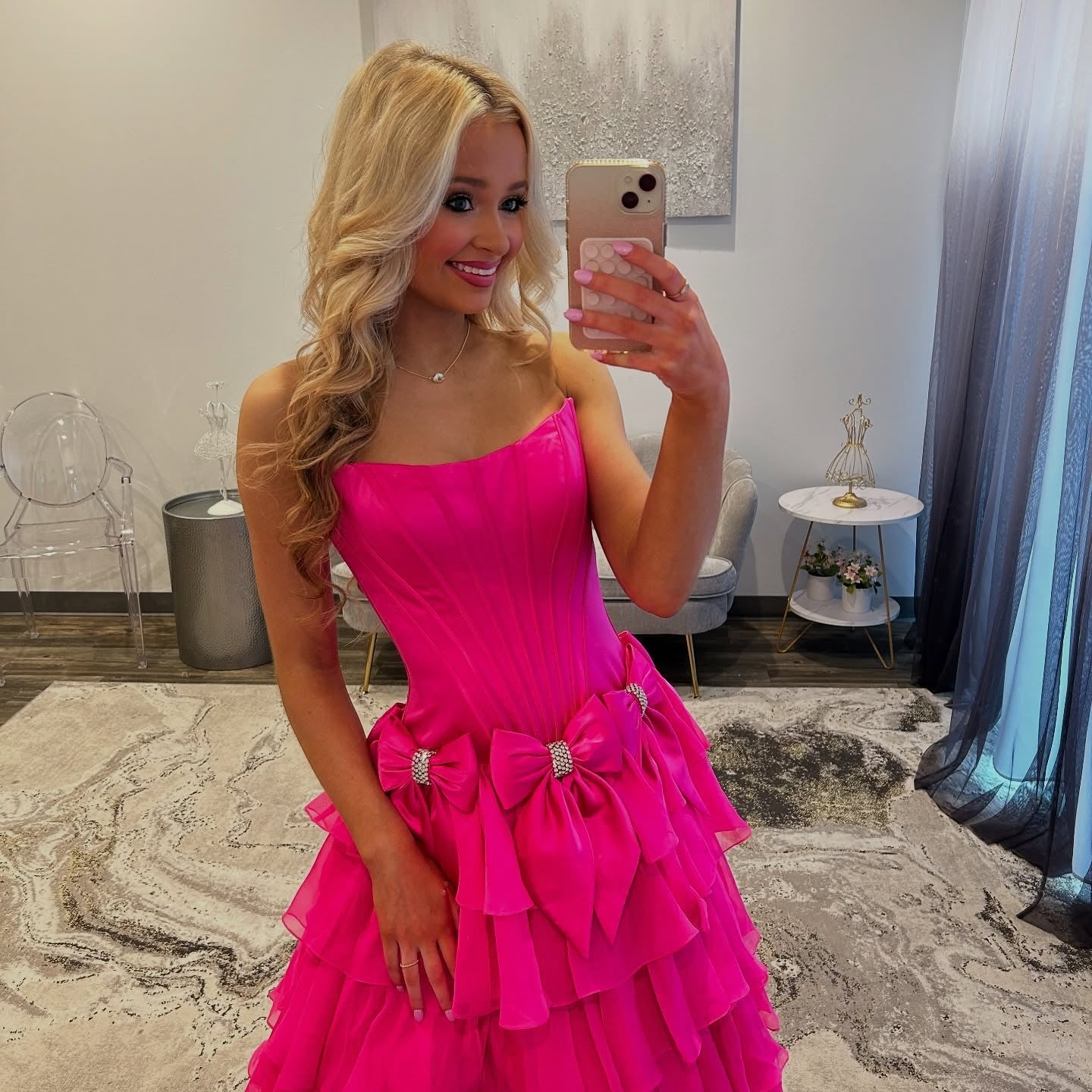 A Line Satin Prom Dresses Long Ruffles Strapless Evening Party Gowns with Slit HE261