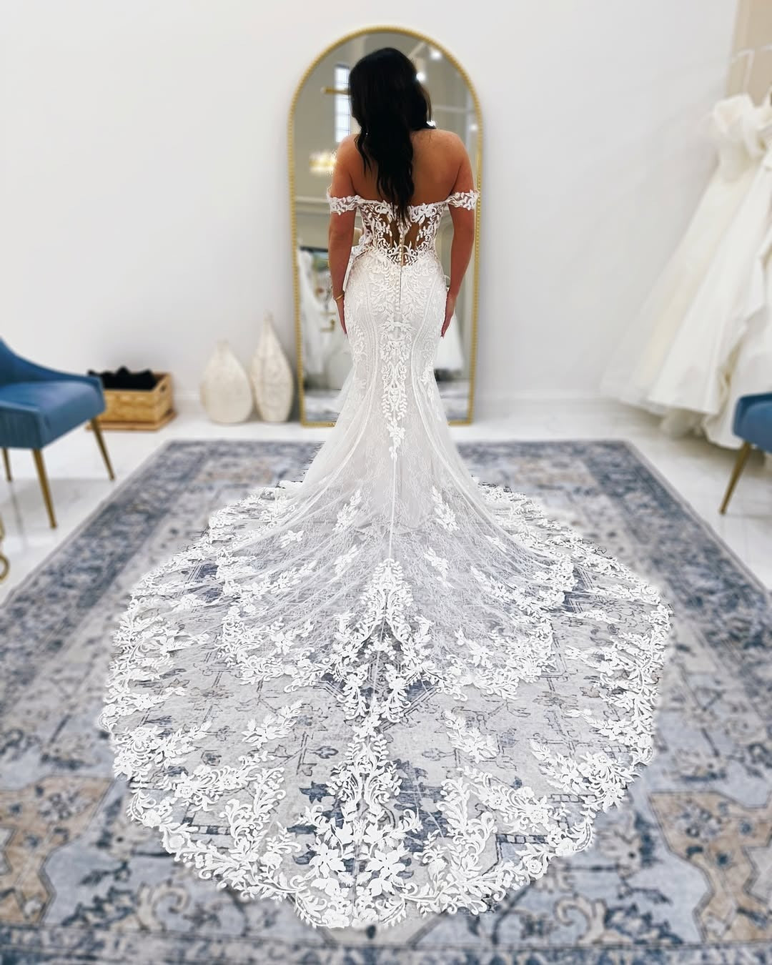 Off Shoulder Tulle Lace Appliqued Mermaid Boho Wedding Dresses for Bride HE800