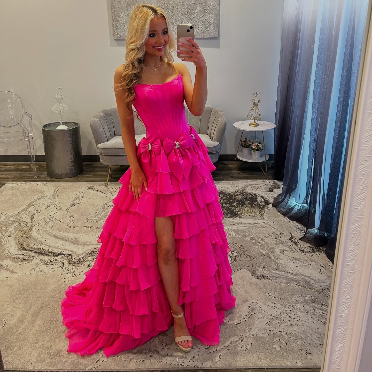 A Line Satin Prom Dresses Long Ruffles Strapless Evening Party Gowns with Slit HE261
