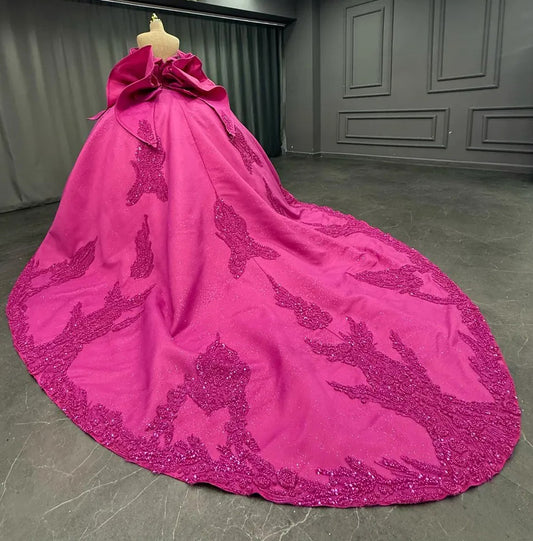 Gorgeous Fuchsia Princess Quinceanera Dresses Sweetheart Lace Beaded Prom Gowns HE426