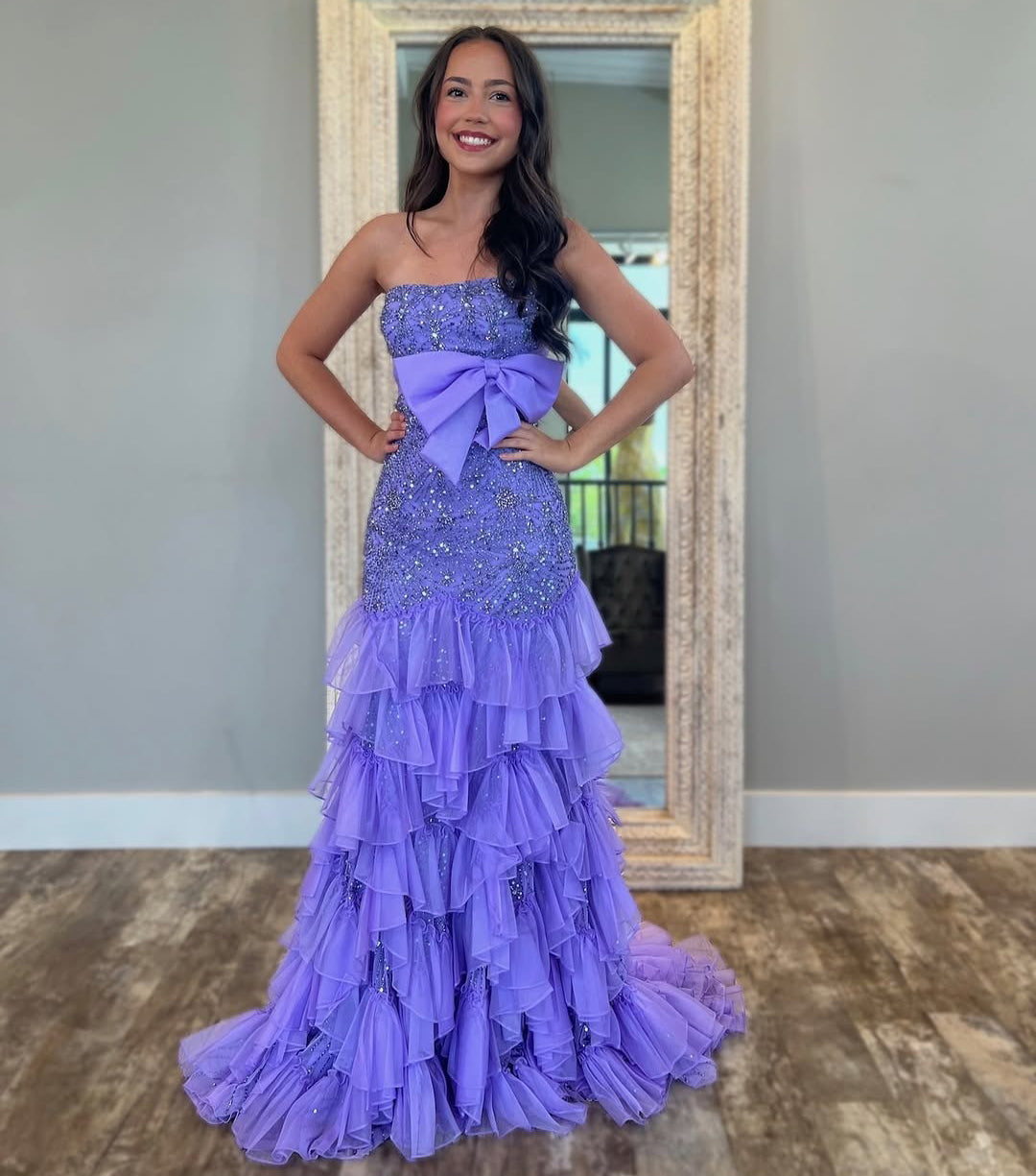 Women's Mermaid Long Prom Dresses Tulle Lace Beaded Evening Dresses with Ruffles HE258