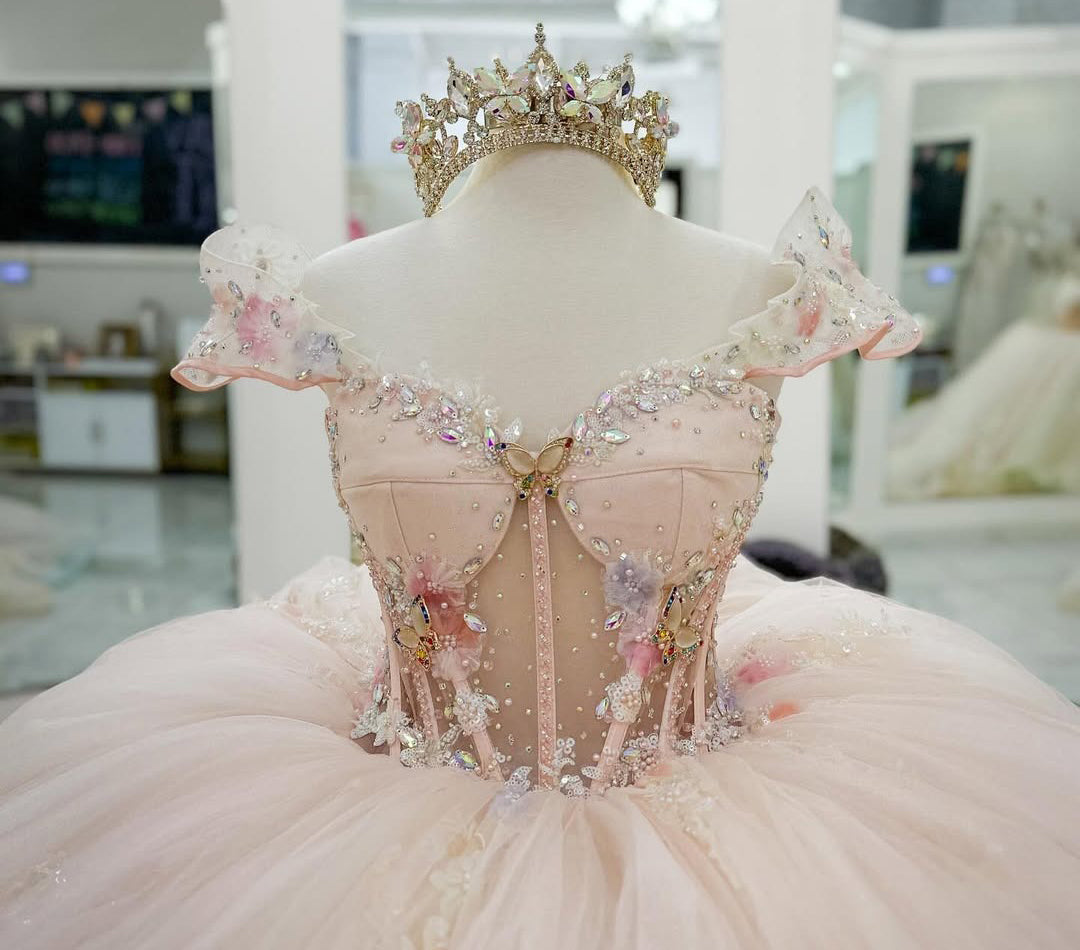 HE273-Precioso vestido de quinceañera con apliques de encaje de tul, vestido de fiesta de princesa para fiesta de cumpleaños de 16 años