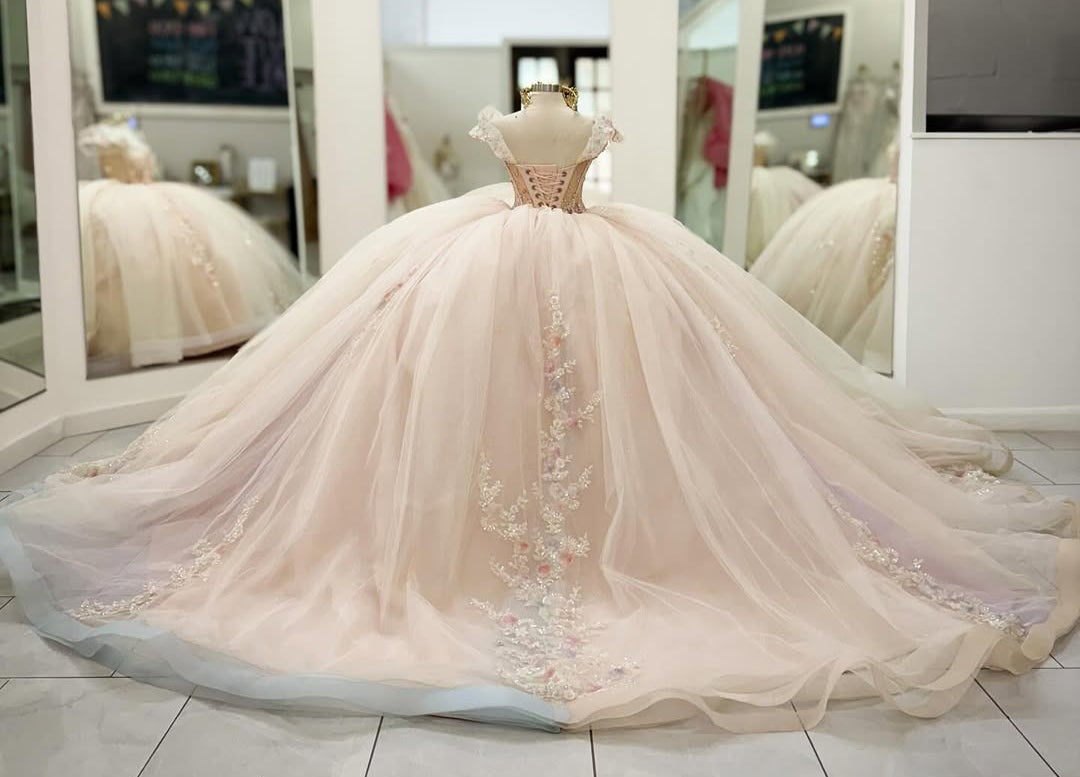HE273-Precioso vestido de quinceañera con apliques de encaje de tul, vestido de fiesta de princesa para fiesta de cumpleaños de 16 años
