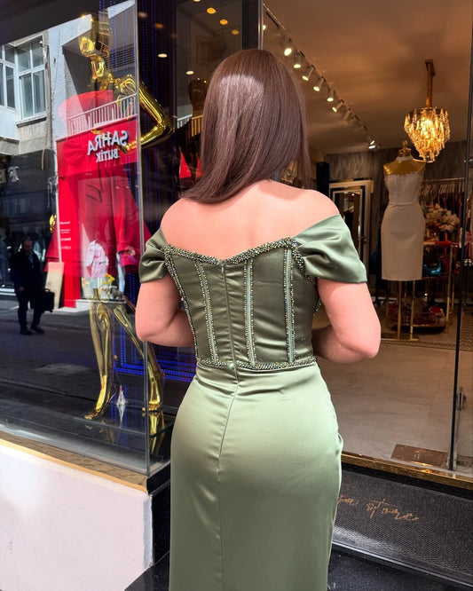 Mermaid Satin Beaded Evening Dresses Long V Neck Corset Prom Dresses HE265