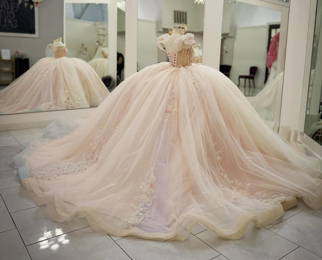 HE273-Precioso vestido de quinceañera con apliques de encaje de tul, vestido de fiesta de princesa para fiesta de cumpleaños de 16 años