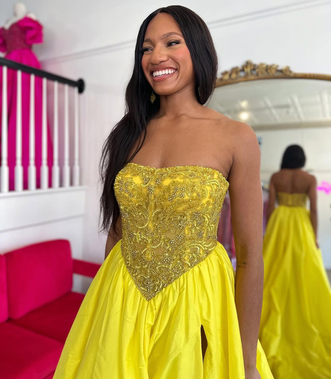 HE179-Vestidos de fiesta de satén con cuentas para mujer, largos, con abertura, amarillos, escote en forma de corazón, corsé, sin mangas, corte en A, vestidos de noche