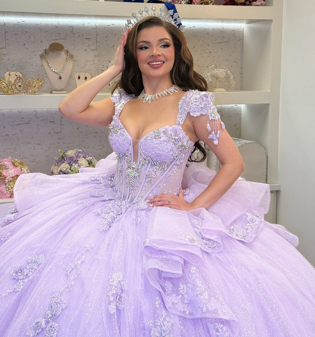 Lilac Sweetheart Quinceanera Dresses Tulle Lace Appliqued Sweet 16 Party Gowns HE233