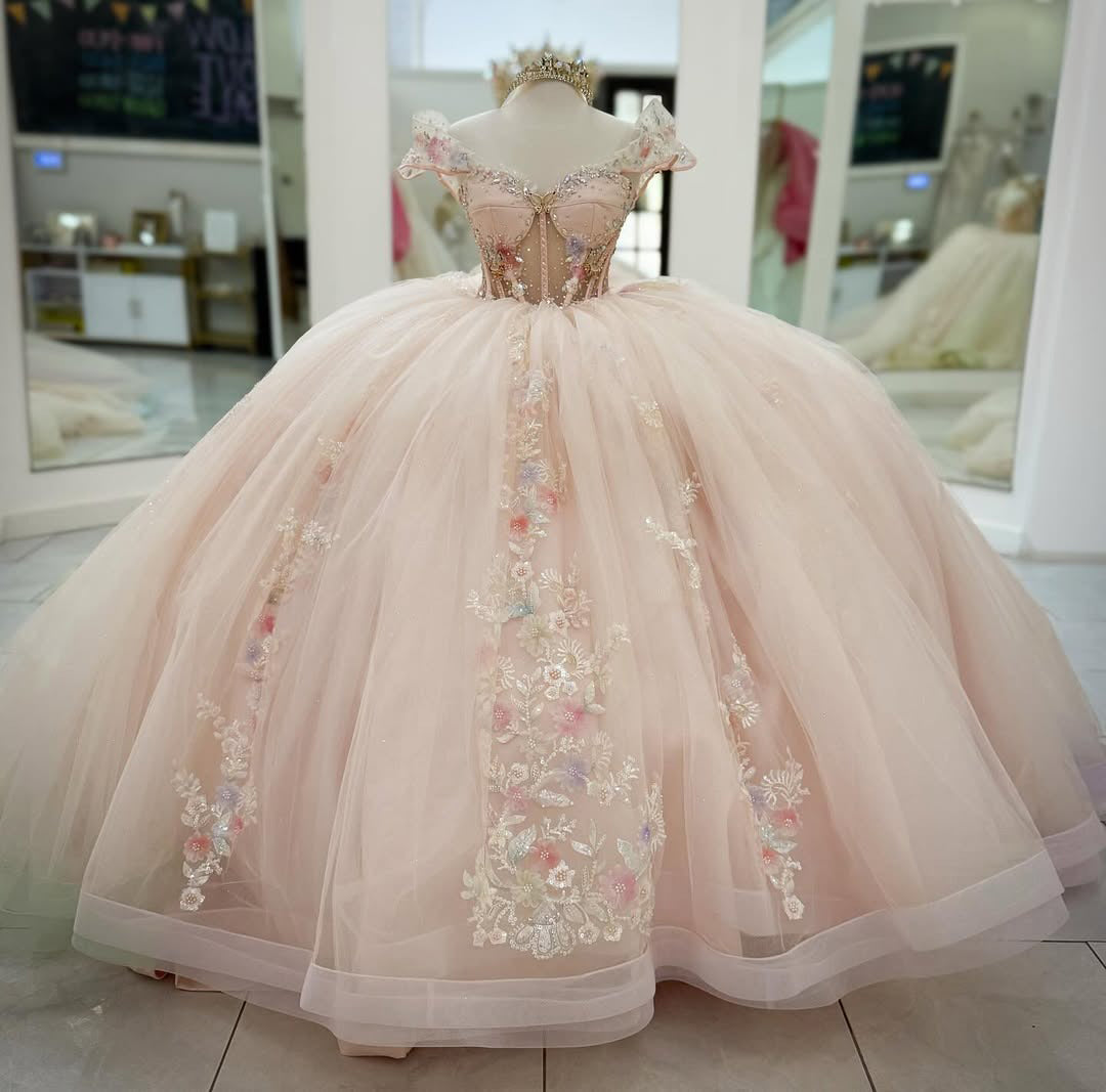 HE273-Precioso vestido de quinceañera con apliques de encaje de tul, vestido de fiesta de princesa para fiesta de cumpleaños de 16 años