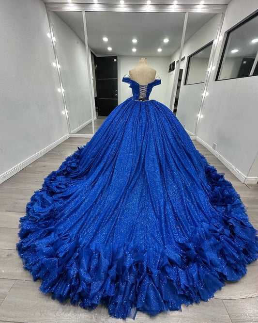 Glittery Tulle Ball Gown Quinceanera Dresses Royal Prom Party Dresses HE442
