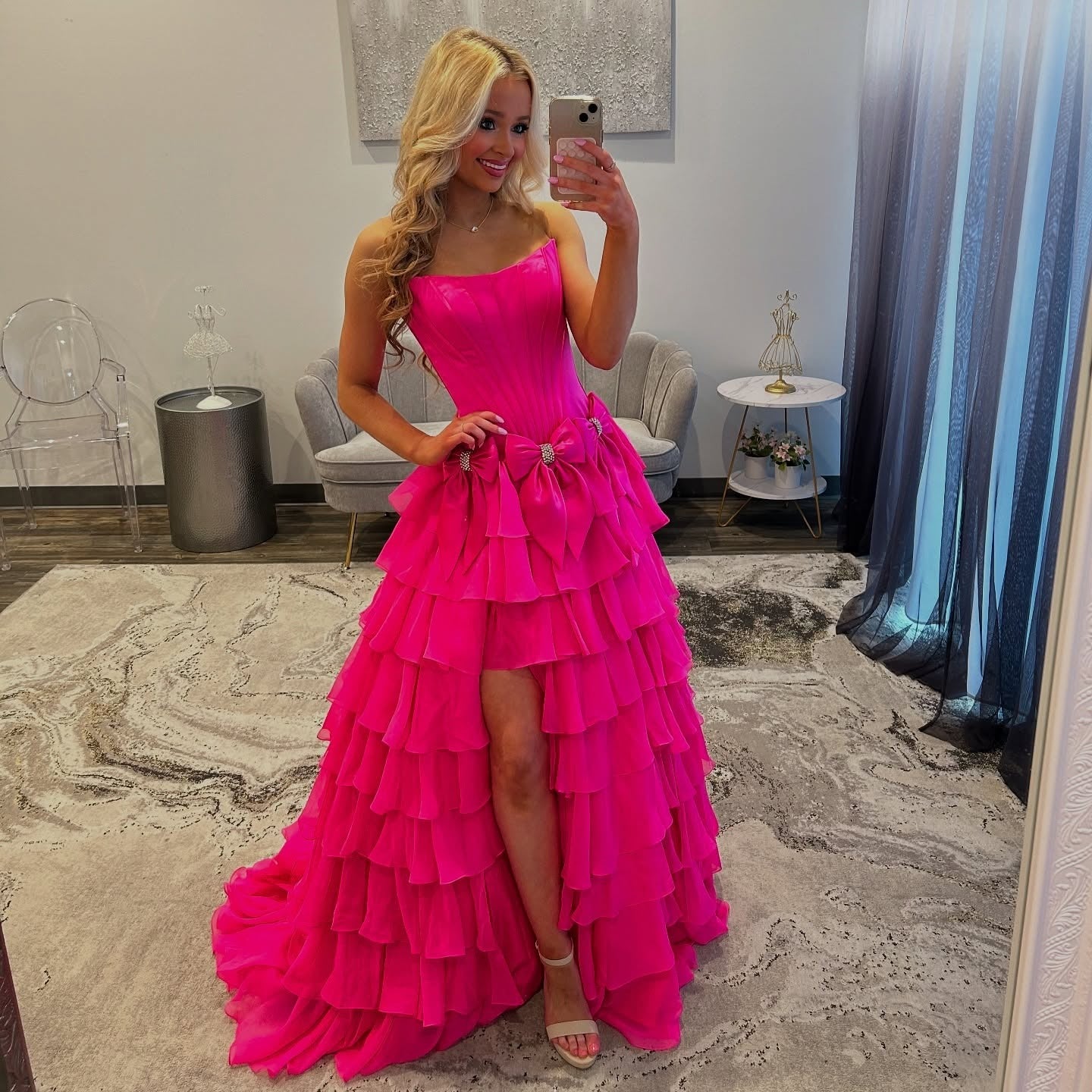 A Line Satin Prom Dresses Long Ruffles Strapless Evening Party Gowns with Slit HE261