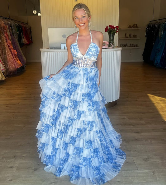 A Line Tulle Floral Print Prom Dresses V Neck Evening Gowns with Ruffles HE271