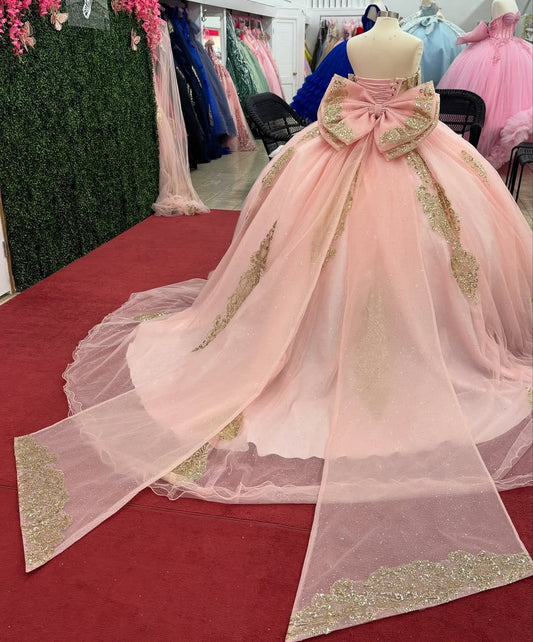 Tulle Lace Beaded Quinceanera Dresses Sweet 16 Princess Prom Gowns with Bow HE329