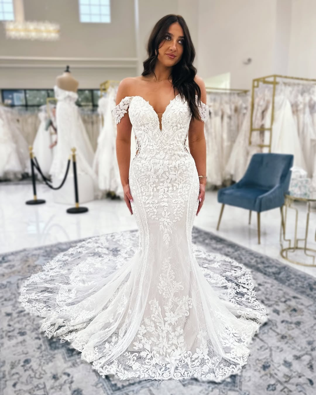 Off Shoulder Tulle Lace Appliqued Mermaid Boho Wedding Dresses for Bride HE800