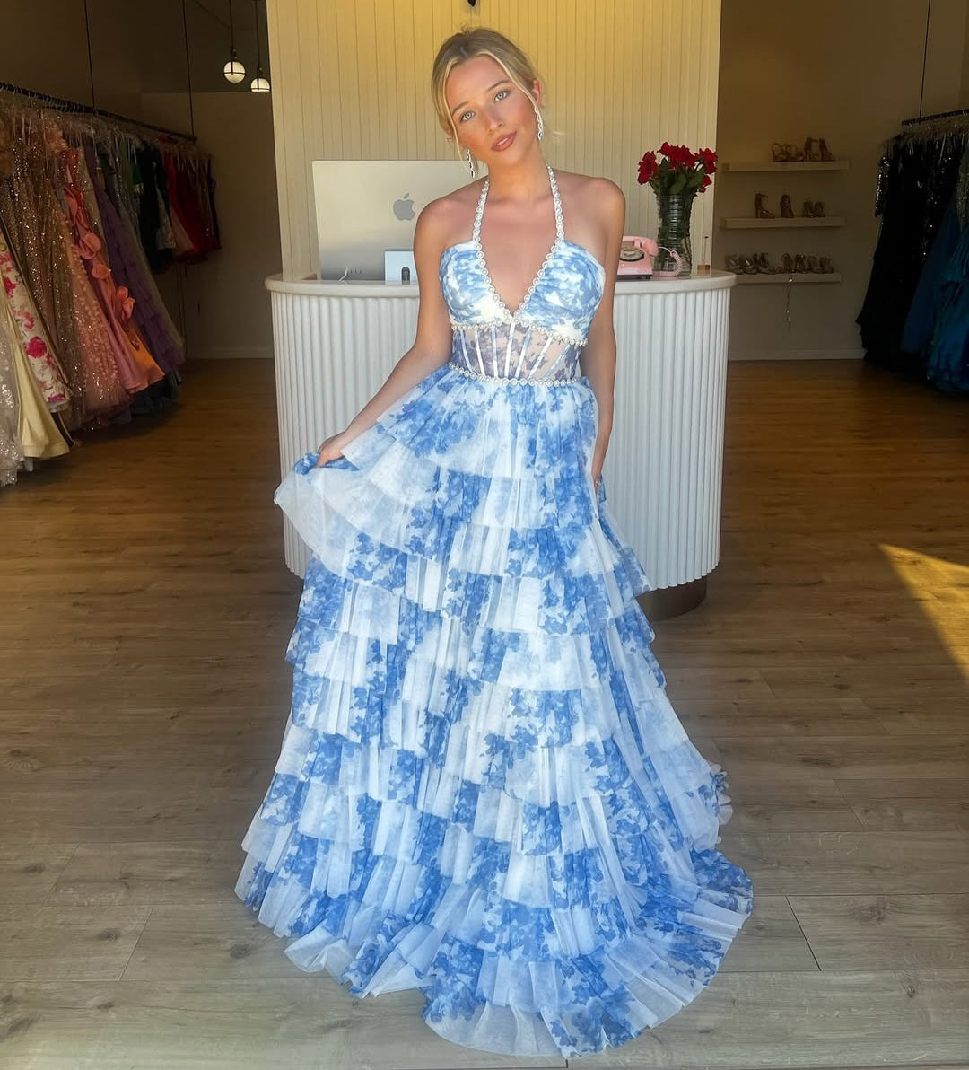 HE271-Vestido de fiesta de tul con estampado floral, escote en V, color azul cielo, talla grande, con volantes, para mujer