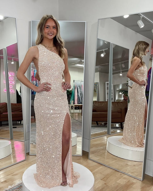 Abendkleider im Meerjungfrau-Stil mit einer Schulter und Schlitz, glitzernden Pailletten, lang, HE370