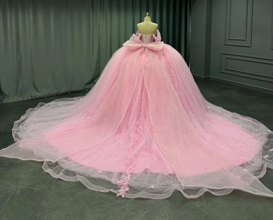 Princess Quinceanera Dresses Tulle Appliques Pink Sweet 16 Party Dress HE425