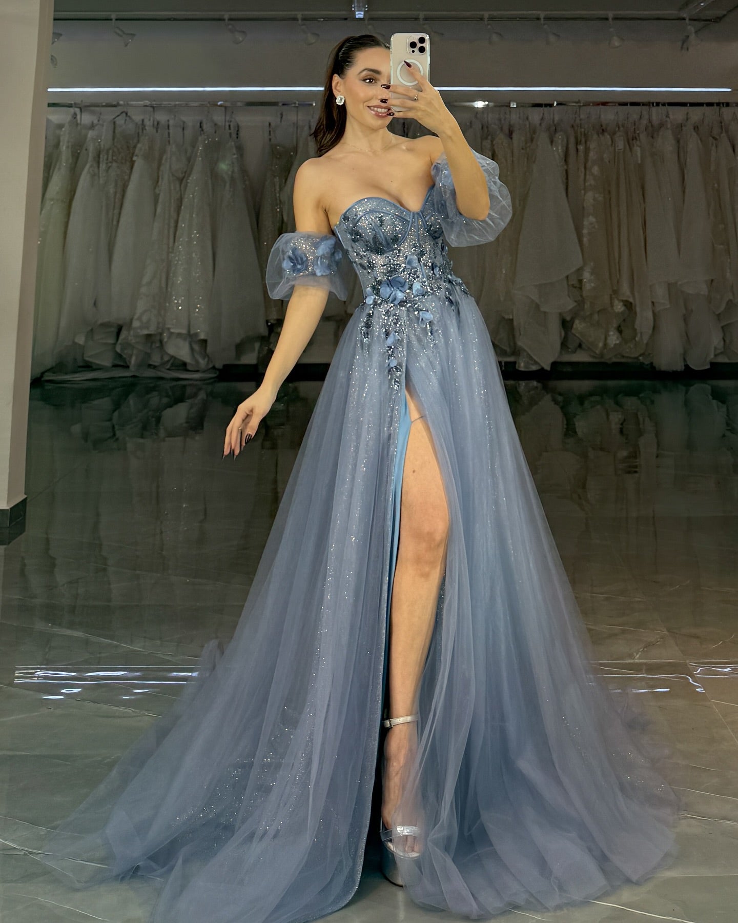 A-Linie Herzausschnitt Ballkleider Lang für Damen Tüll Applikationen Abendkleider HE364