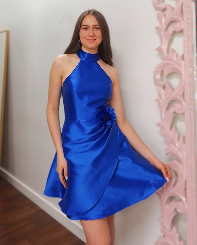 Vestidos de fiesta de satén con corte en A para jóvenes, cuello halter, vestidos de cóctel HE404