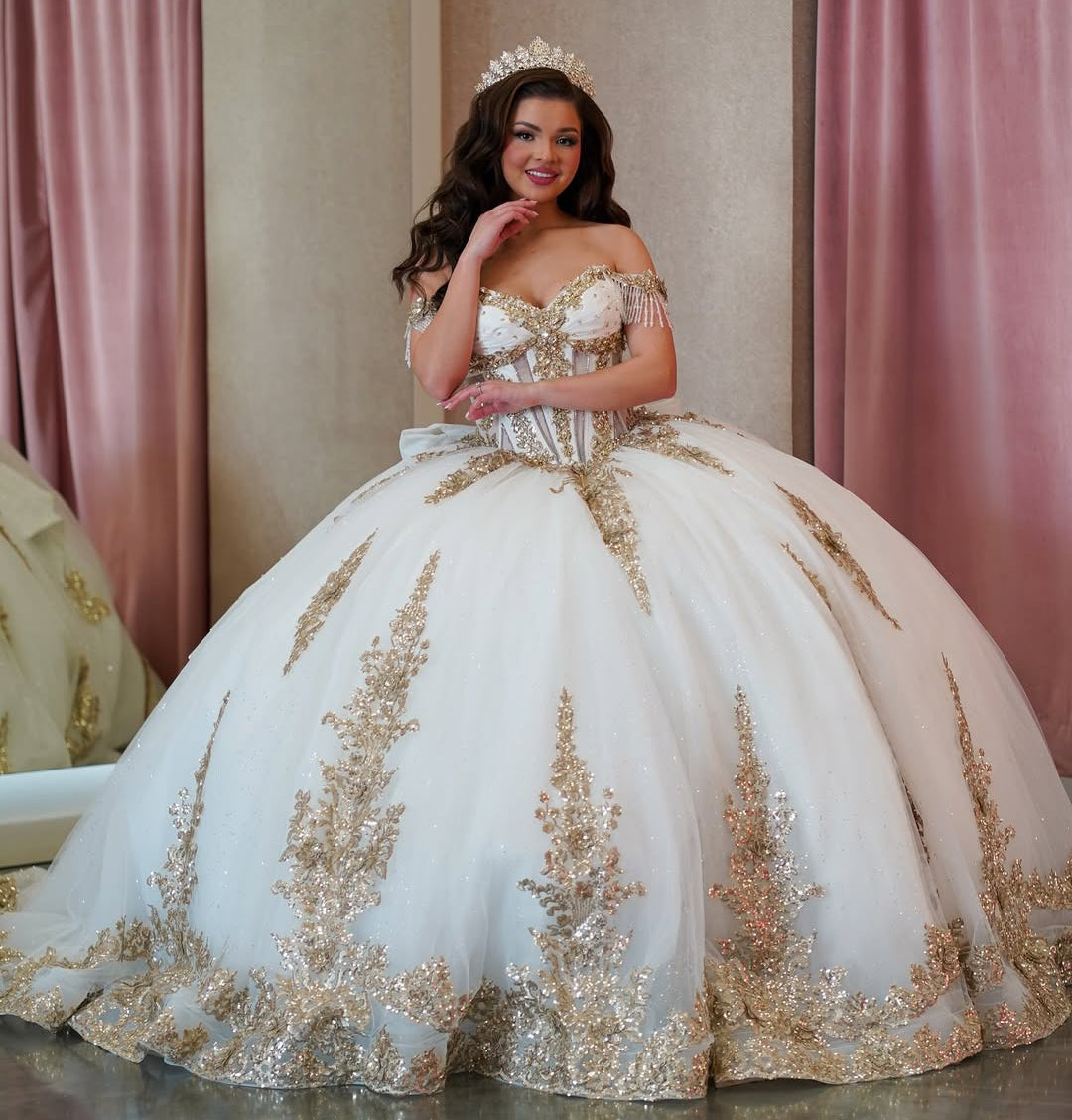 HE320-Vestido de quinceañera con hombros descubiertos color champán, vestido de baile estilo princesa, vestido de fiesta de 16 años, vestido de tul con encaje para graduación