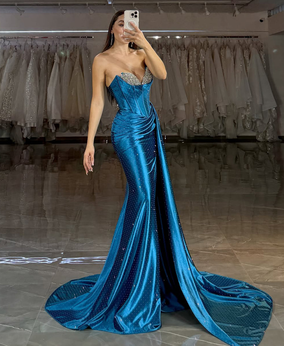 Sweetheart Satin Beaded Prom Dresses Long Mermaid Sleeveless Evening Gowns HE362