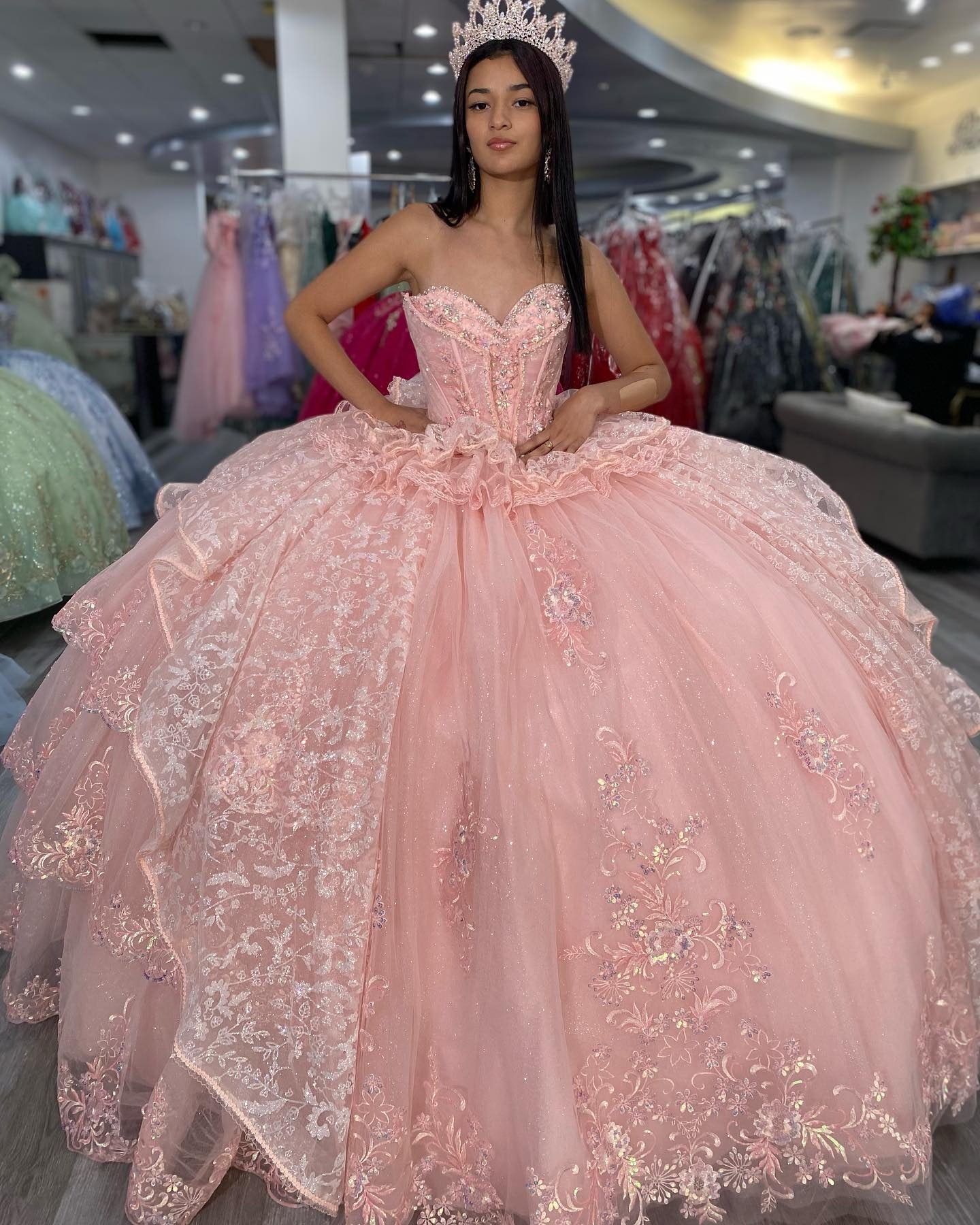 Pink Quinceanera Dresses Tulle Lace Ruffles Sweet 16 Party Dresses HE525