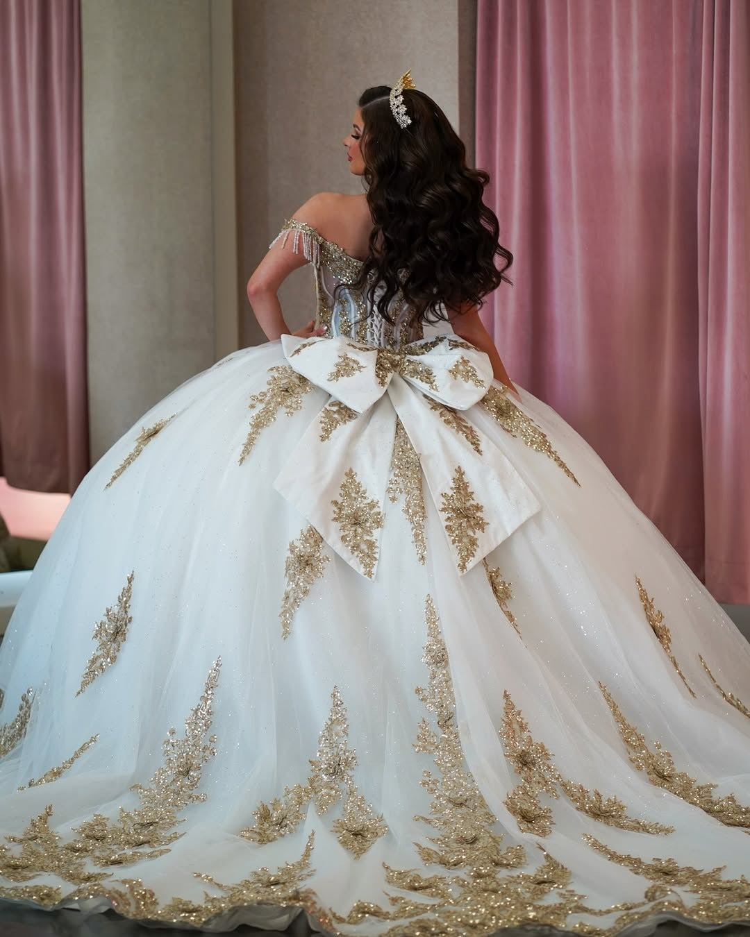 HE320-Vestido de quinceañera con hombros descubiertos color champán, vestido de baile estilo princesa, vestido de fiesta de 16 años, vestido de tul con encaje para graduación