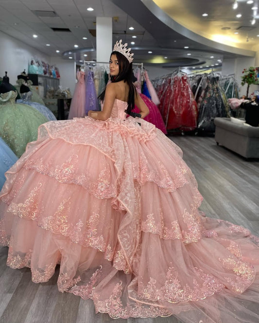 Rosa Quinceanera Kleider Tüll Spitze Rüschen Sweet 16 Party Kleider HE525