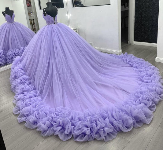 Ball Gown V Neck Quinceanera Dresses Tulle Ruffles Sweet 16 Prom Gowns HE450