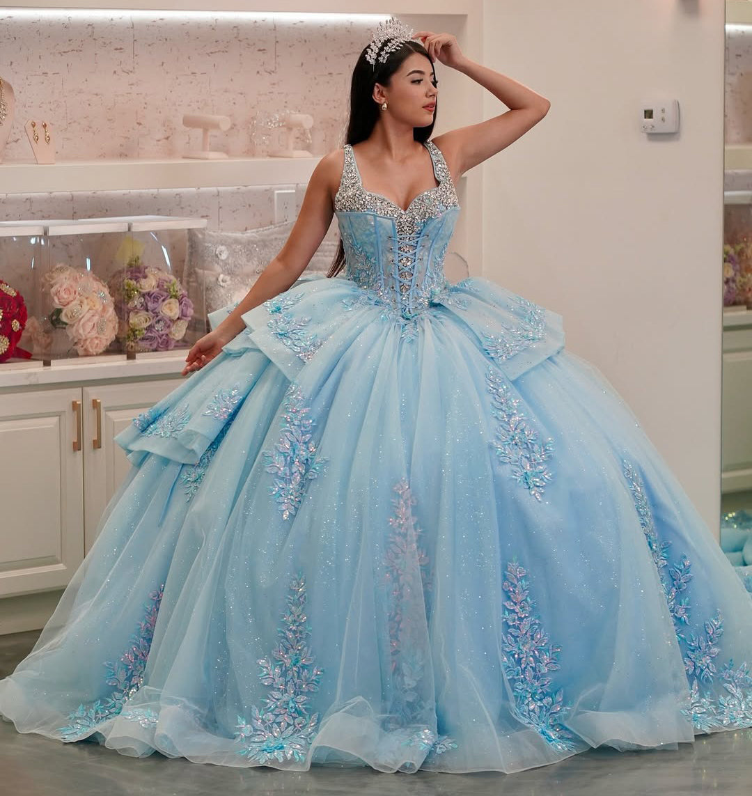 HE319-Vestido de quinceañera de tul azul cielo brillante con escote en V, estilo princesa, para fiesta de cumpleaños y graduación.
