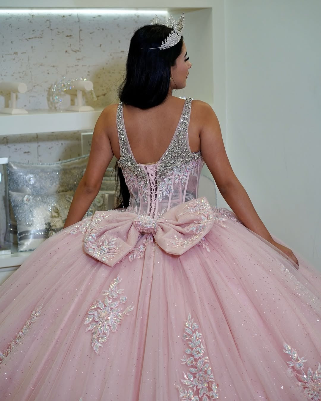 HE318-Precioso vestido de quinceañera con escote en V y apliques de tul, estilo princesa rosa para cumpleaños de 16 años
