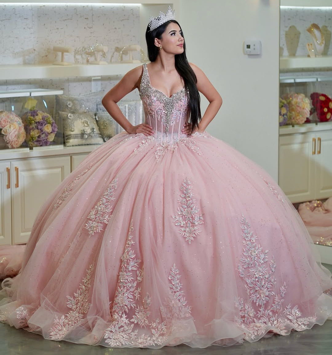 HE318-Precioso vestido de quinceañera con escote en V y apliques de tul, estilo princesa rosa para cumpleaños de 16 años