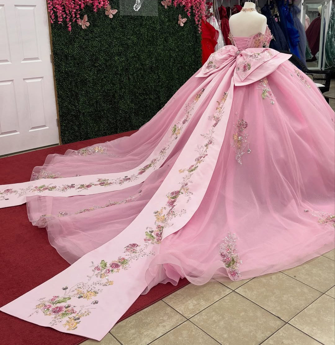 HE328-Vestido de quinceañera rosa con tul, apliques y cuentas, para fiesta de cumpleaños de princesa