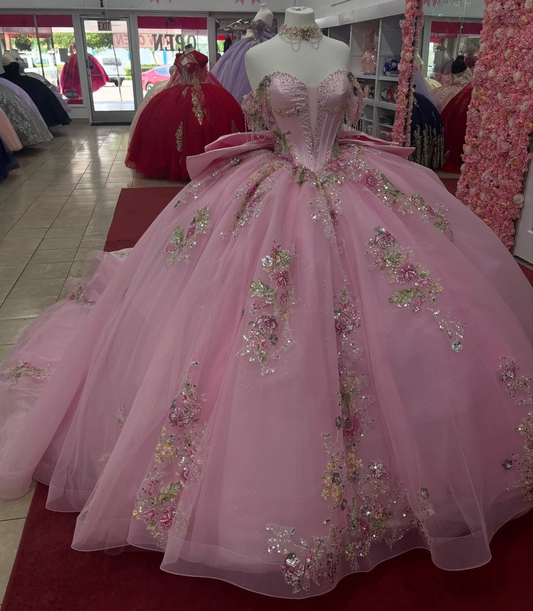 HE328-Vestido de quinceañera rosa con tul, apliques y cuentas, para fiesta de cumpleaños de princesa