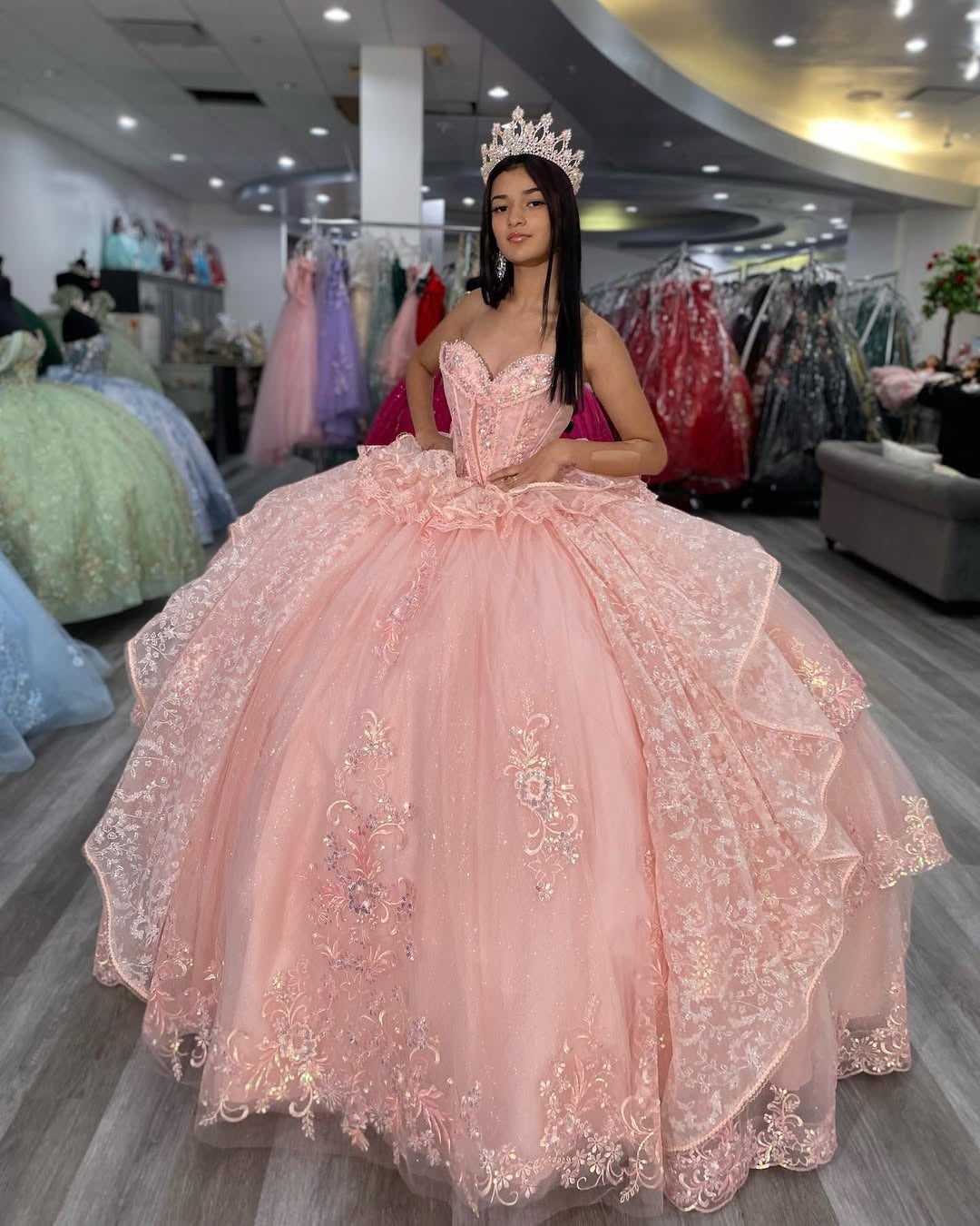 Pink Quinceanera Dresses Tulle Lace Ruffles Sweet 16 Party Dresses HE525