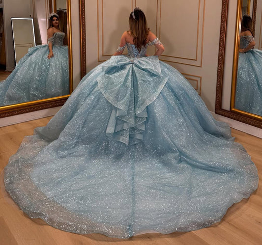 Glittery Tulle Beaded Princess Quinceanera Dresses for Sweet 16 Party Dresses HE336