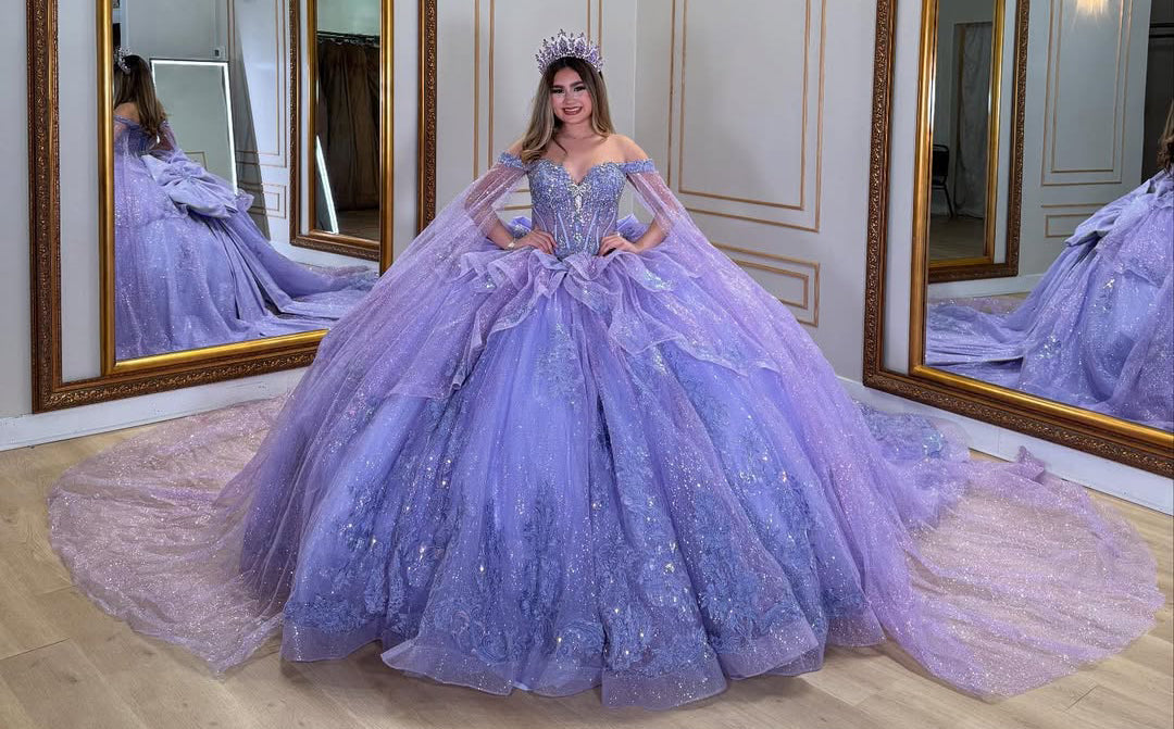 Lilac Ball Gown Sweet 16 Quinceanera Dresses Lace Beaded Party Dresses HE334