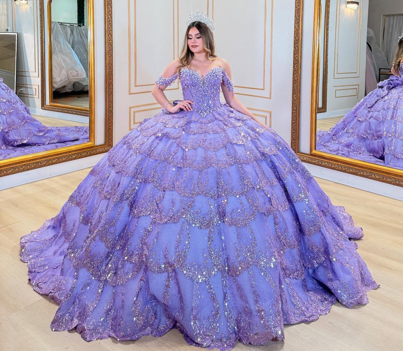 HE321-Vestido de quinceañera con volantes de tul brillante, estilo princesa, para fiesta de cumpleaños, hombros descubiertos