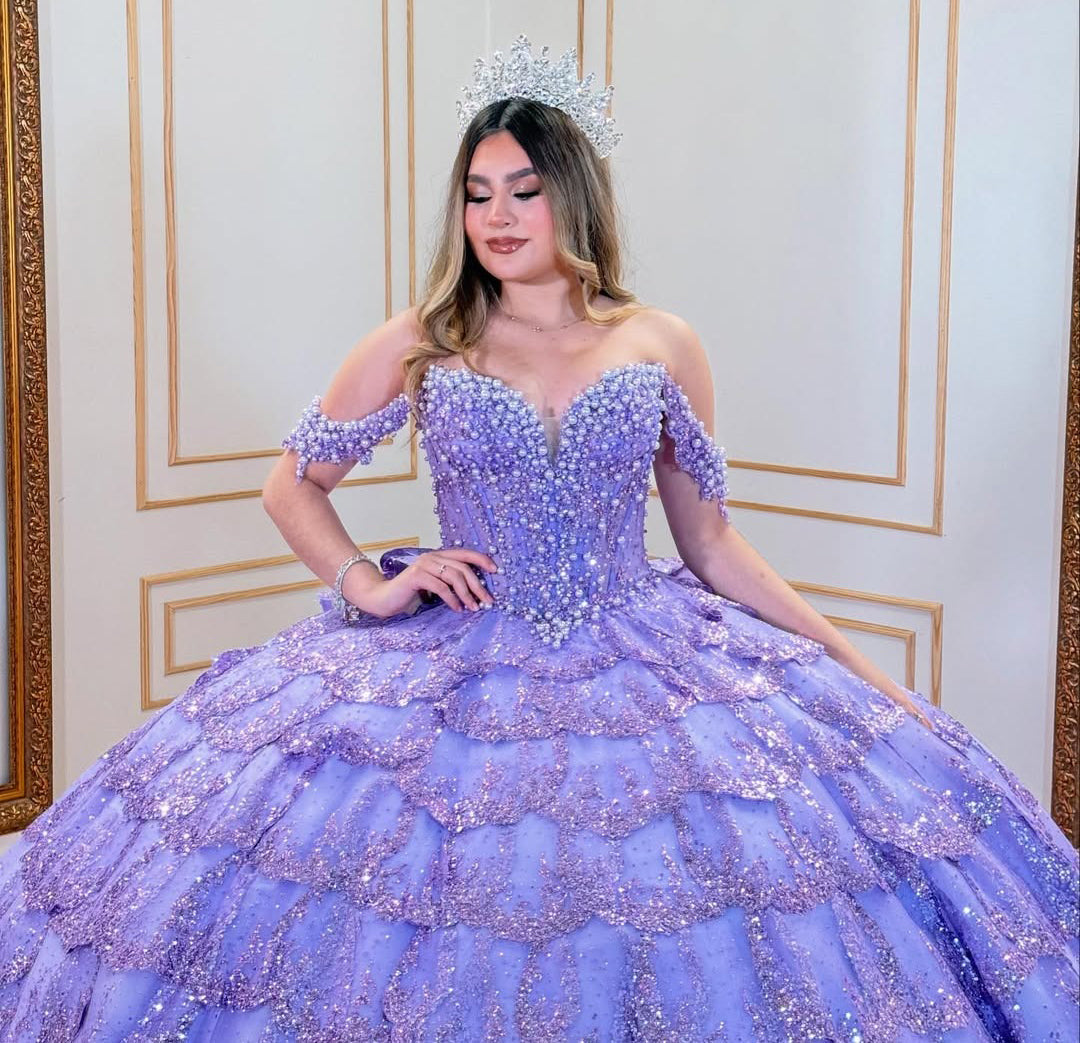 HE321-Vestido de quinceañera con volantes de tul brillante, estilo princesa, para fiesta de cumpleaños, hombros descubiertos