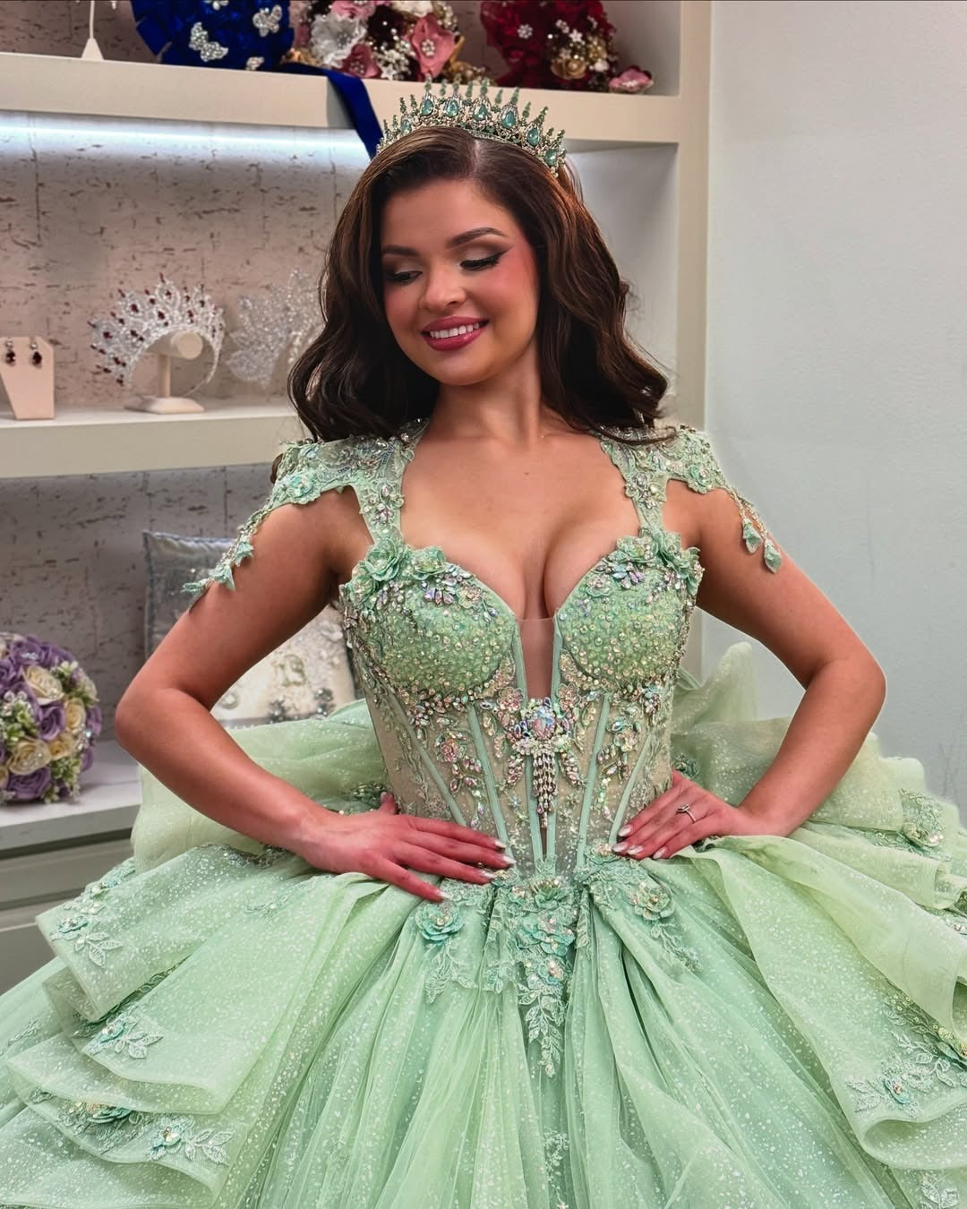 HE317-Vestido de quinceañera estilo princesa con volantes de tul verde y encaje para fiesta de graduación, vestidos de novia para cumpleaños de 16 años